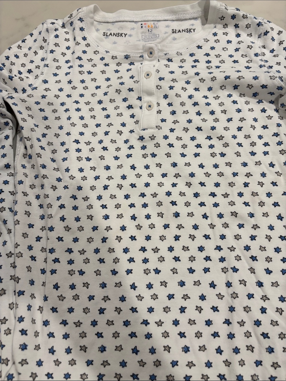 Roller Rabbit White PJs with Blue Star Print. Top and Bottom